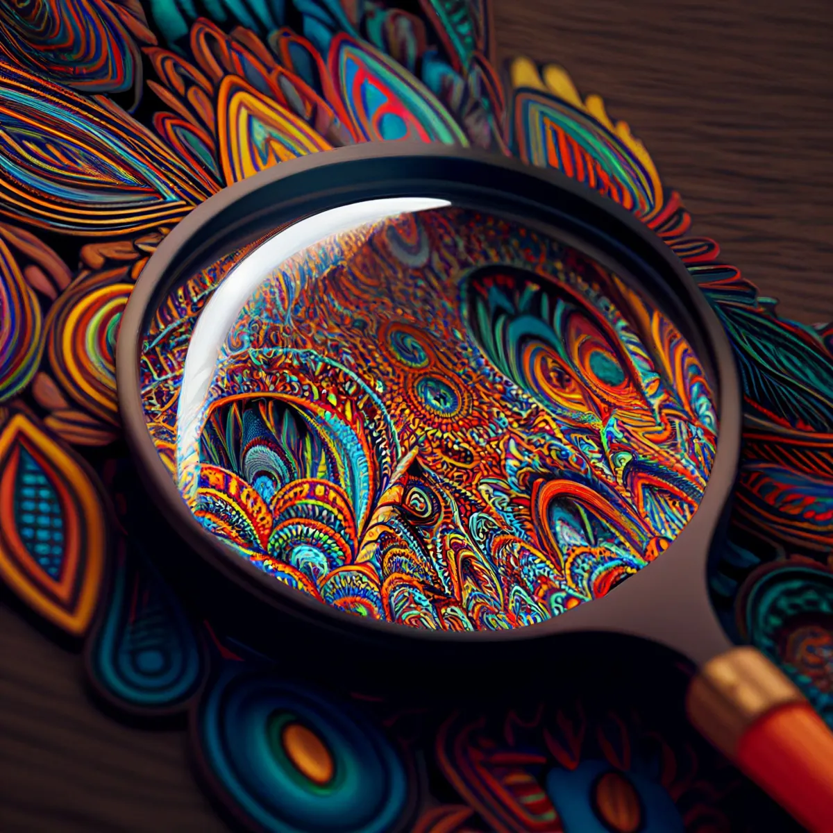 Lente d’ingrandimento che osserva motivi colorati, simbolo dell’analisi grafologica della personalità e delle sue sfumature